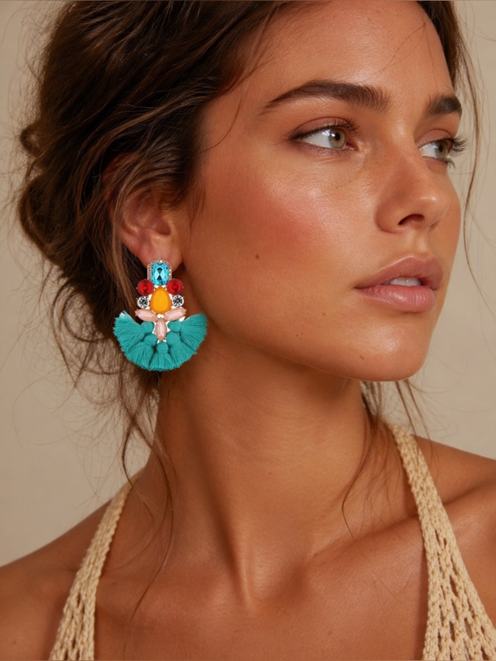 BOHO SUMMER Cyan Blue Fringe Statement Earrings Rhinestone Silver Tone